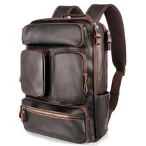 Mochila Fshsup Vintage de couro genuíno para homens 17.3 Laptop
