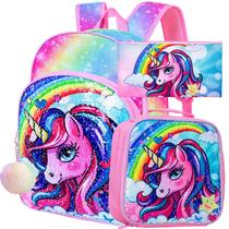 Mochila FTJCF Unicorn 3 peças com lancheira para meninas 16 polegadas rosa Mochila FTJCF Unicorn 3 peças com lancheira para meninas 16 polegadas rosa