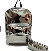 Mochila Holográfica Escolar Juvenil Estojo Holográfico rose escolar jovem brilho feminina