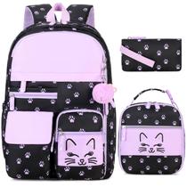 Mochila InDusky Girls Cat Set, lancheira isolada, estojo para canetas