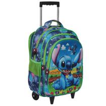 Mochila Infantil Azul Estampa Stitch Com Rodinhas Reforçada