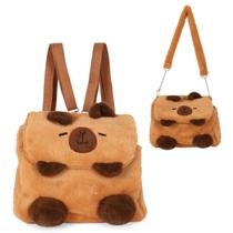 Mochila Infantil Capivara Pelúcia Charmosa Marrom Costas Transversal