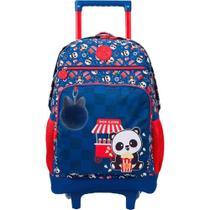 Mochila Infantil com Rodinha College Panda Pipoca Azul Grande com Chaveiro - Xeryus
