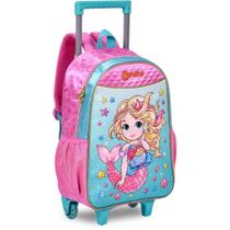 Mochila Infantil com Rodinha Sereias G com Estojo e Lancheira - KIT Completo