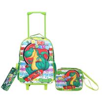 Mochila Infantil com Rodinhas Dinossauro KIT com 3 Peças Sortidas