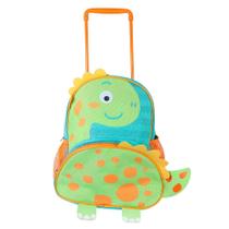 Mochila Infantil de Rodinhas Dino 3D, Verde e Laranja, 14L, Alça Retrátil, Ideal para Escola e Passeios