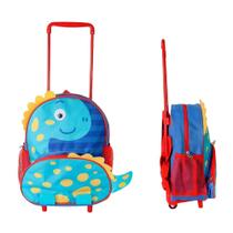 Mochila Infantil Escolar 14 Litros com Rodinha Dinossauro Azul Bolso Frontal e Lateral Alças Ajustáveis e Confortáveis