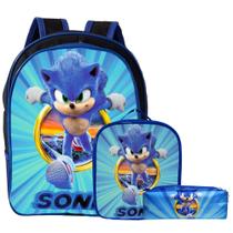 Mochila Infantil Escolar Masculina + Estojo + Lancheira Térmica - Sonic