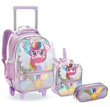 Mochila Infantil Feminina 16" Com Rodas + Lancheira e Estojo