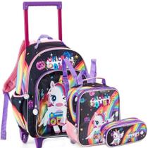 Mochila Infantil Feminina de Rodinha Kit com Lancheira e Estojo