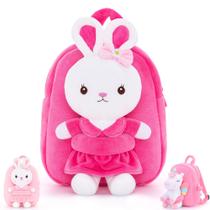 Mochila Infantil Gloveleya com Brinquedo de Pelúcia de Coelho Rosa e Vermelho