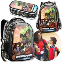 Mochila Infantil Juvenil Escolar Menino Estojo Gamecraft Kit Lançamento Premium
