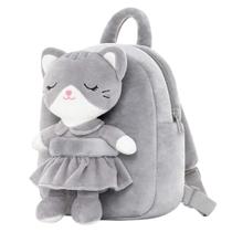 Mochila Infantil Lazada Kids com Gato de Pelúcia Cinza - 9,5"
