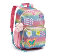 Mochila Infantil Menina Escolar Arco-Íris Com Glitter Pompom Patch Reforçado Feminina