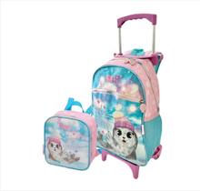Mochila Infantil Meninas Escolar Rodinhas Foca + Lancheira