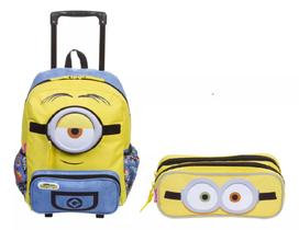 Mochila Infantil Minions Stuart Rodinha G Meninos + Estojo'