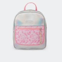 Mochila Infantil Pampili Pequena com Glitter Holográfica Prata e Rosa Chiclete 6001069