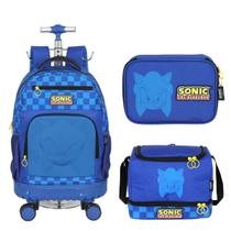 Mochila Infantil Rodinha 360 Graus Sonic com Lancheira e Estojo Azul