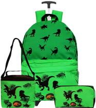 Mochila Infantil Rodinha Dinossauro Menino Reforçada Impermeável Kit Lancheira Térmica + Estojo - ColoriCasa