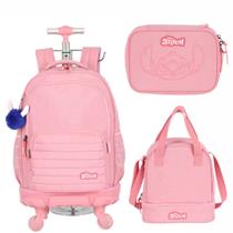 Mochila Infantil Rodinha Stitch Rodinhas Skate com Lancheira e Estojo 100 Pens Rosa