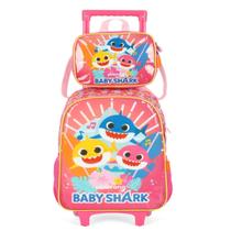 Mochila Infantil Rodinhas Baby Shark Menina Rosa e Lancheira