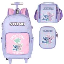 Mochila Infantil Rodinhas Stitch com Lancheira e Estojo 100 Pens Roxo
