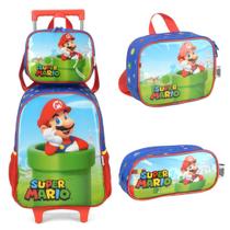 Mochila Infantil Rodinhas Super Mario Com Lancheira e Estojo Azul