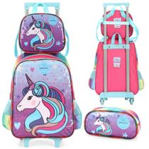 Mochila Infantil Rodinhas Unicórnio UP4You com Lancheira e Estojo Azul