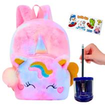Mochila Infantil Unicórnio e Apontador Elétrico c/Adesivos