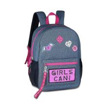 Mochila juvenil Clio Style Grirls 17", confeccionada em poliéster com textura jeans, com paetês