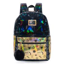 Mochila Juvenil Escolar Feminina Holográfica Preta e Dourada Chaveiro Pompom