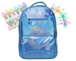 Mochila Juvenil Escolar Holográfica 17,5 Azul c/ Estojo