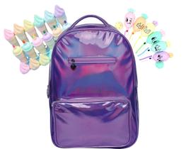 Mochila Juvenil Escolar Holográfica 17,5 Lilas c/ Estojo