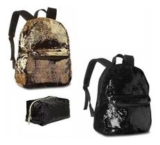 Mochila Juvenil Paetê Dourado e Preto Muda De Cor Clio + Estojo