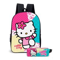 Mochila Kit com Estojo ou Avulsa Hello Ki. Meninas Colorida Para Dia a Dia Escolar Desenho Infantil