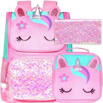 Mochila KLFVB, 3 peças, lantejoulas, unicórnio para meninas, com lancheira rosa de 15 polegadas