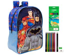 Mochila Liga Justiça Batman SuperMan Flash DC e Lápis de cor