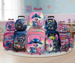 Mochila Lilo Stitch Angel Kit 3 Pecas Escolar Rodinhas Infantil 3d Menino E Meninas +Relógio Brinde