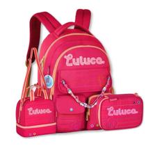 Mochila Luluca Com Lancheira E Estojo Escolar Miçangas Rosa