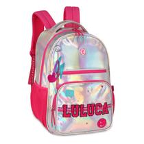 Mochila Luluca Holográfica Bolsa Escolar Rosa Com Chaveiro