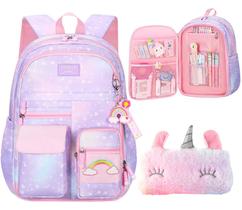Mochila Lvswebe Girls Gradient Rainbow com bolsa de caneta roxa Mochila Lvswebe Girls Gradient Rainbow com bolsa de caneta roxa