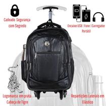 Mochila Mala Executiva Rodinha Carrinho Moderna Couro Notebook com Entrada USB Preta