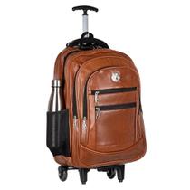 Mochila Mala Rodinha Carrinho Couro Grande USB Cadeado Senha Marrom Claro