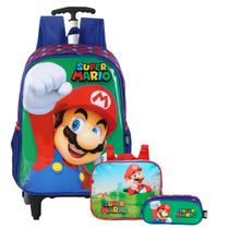 Mochila Mario Bros Rodinhas Lancheira Térmica Estojo Duplo