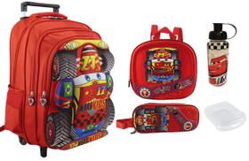 Mochila Masculina Carros + Estojo Carros + Lancheira Térmica + Garrafinha