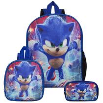 Mochila Masculina Escolar De Costas Sonic Lancheira E Estojo