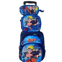 Mochila Masculina Rodinha Naruto 3D Lancheira Estojo Azul Mochila Masculina Rodinha Naruto 3D Lancheira Estojo Azul