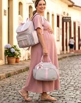 Mochila Maternidade Bebe Marfim Bolsa Lateral G Tecido Linho Bege Rosa