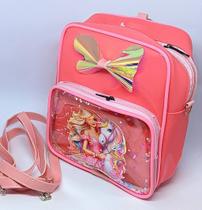 Mochila Mini Bolsa Infantil com Ziper Bolso Princesas Disney Barbie com Lacinho Gel Glitter para Passeio Creche Moda