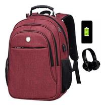 Mochila Notebook Entrada Usb E Fone Masculina Feminina Vinho